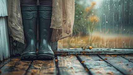 A person wearing rain boots standing on a porch - obrazy, fototapety, plakaty
