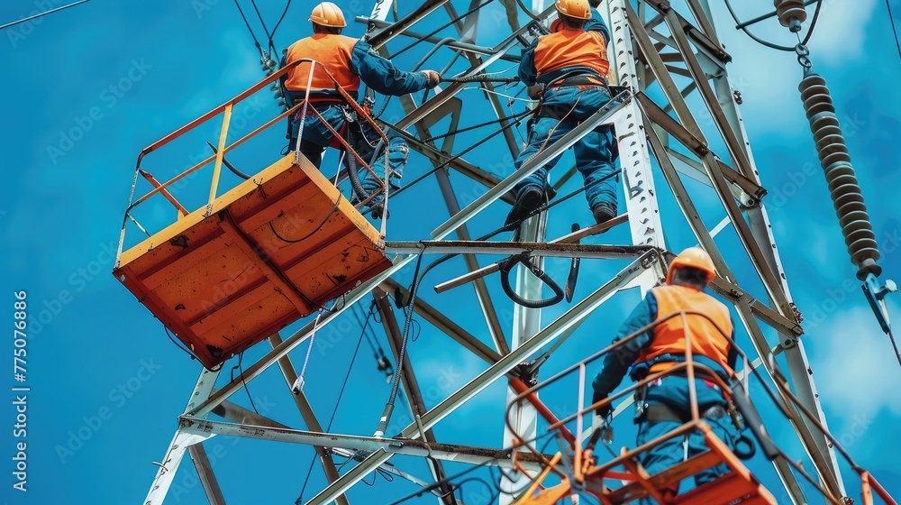Poster A workers with crane is working on the transmission tower of a high voltage line. linemen on boom lifts working on high voltage power line towers. Generative AI.