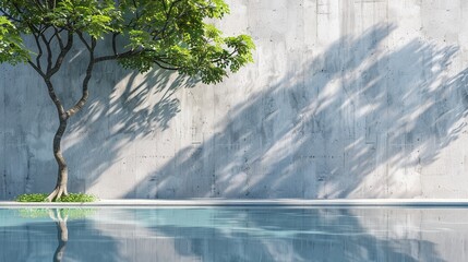Nature-Inspired Concrete Wall Mockup: Reflecting Pool and Tree Shadow - obrazy, fototapety, plakaty