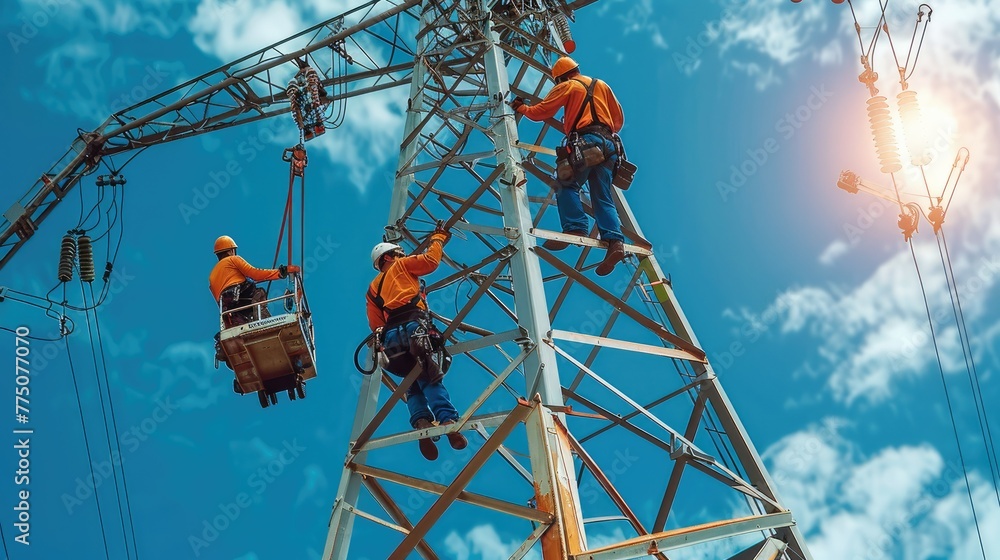 Aufkleber A workers with crane is working on the transmission tower of a high voltage line. linemen on boom lifts working on high voltage power line towers. Generative AI.