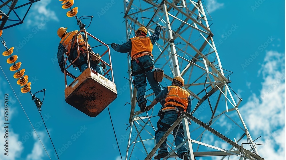 Fototapete A workers with crane is working on the transmission tower of a high voltage line. linemen on boom lifts working on high voltage power line towers. Generative AI.