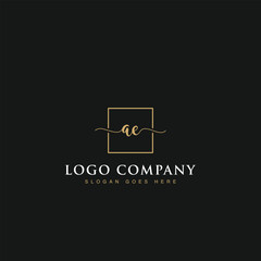 Initials signature letters AE linked inside minimalist luxurious square line box vector logo gold color designs for brand, identity, invitations, hotel, boutique, jewelry, photography or company signs