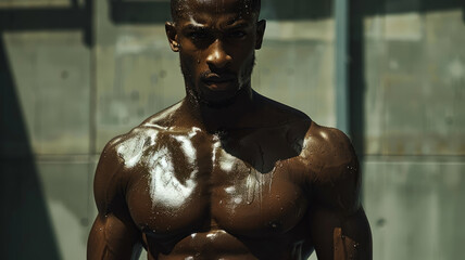 Fototapeta na wymiar Muscular man sweating in gym.