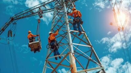 A workers with crane is working on the transmission tower of a high voltage line. linemen on boom lifts working on high voltage power line towers. Generative AI.