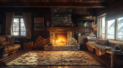 Fototapeta na wymiar Cozy norwegian cottage with rustic interior, fireplace, ambient lighting in wide angle photography