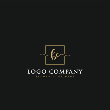 Initials signature letters BE linked inside minimalist luxurious square line box vector logo gold color designs for brand, identity, invitations, hotel, boutique, jewelry, photography or company signs