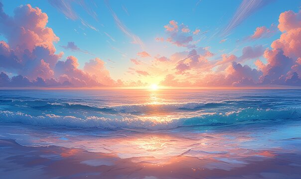 A breathtaking sunset over the ocean, with vibrant colors painting the sky and waves crashing onto an empty beach. 