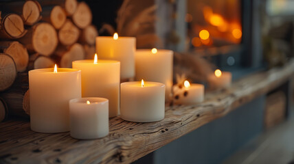 Photo of lit candles on a mantlepiece with a fireplace in the background. - obrazy, fototapety, plakaty