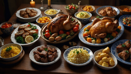 Traditional Southeast Asian dishes to celebrate Eid al-Fitr, featuring chicken, alongside a variety of other customary delicacies.