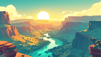 A colorful cartoon vector illustration of the Grand Canyon at sunset, with a river flowing through it and a large sun setting in the background. 