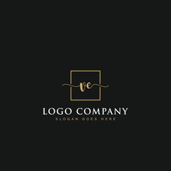 Initials signature letters VE linked inside minimalist luxurious square line box vector logo gold color designs for brand, identity, invitations, hotel, boutique, jewelry, photography or company signs