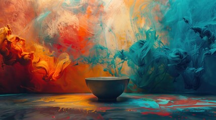 A blank canvas awaiting culinary inspiration, against a backdrop of swirling oil paints.