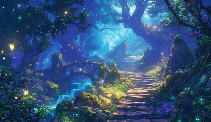 a dark forest with a narrow stone path leading to the light, fireflies dance around it, fantasy art - obrazy, fototapety, plakaty