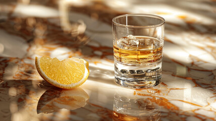 Glass of whiskey with ice and lemon slice on table - obrazy, fototapety, plakaty