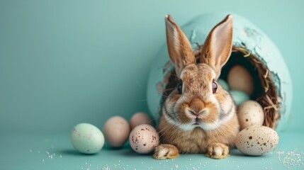 Fototapeta na wymiar Easter Bunny with Egg Easter card background - spring design elements