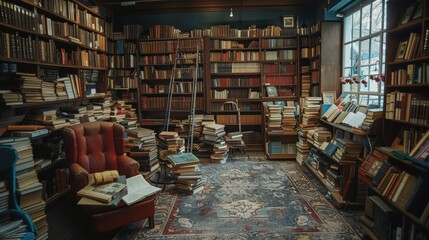 Vintage bookstore interior  rich textures, warm tones, detailed, capturing antiquity essence - obrazy, fototapety, plakaty