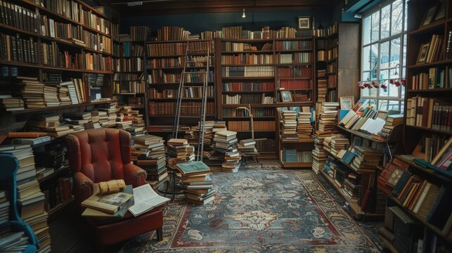 Fototapeta Vintage bookstore interior  rich textures, warm tones, detailed, capturing antiquity essence