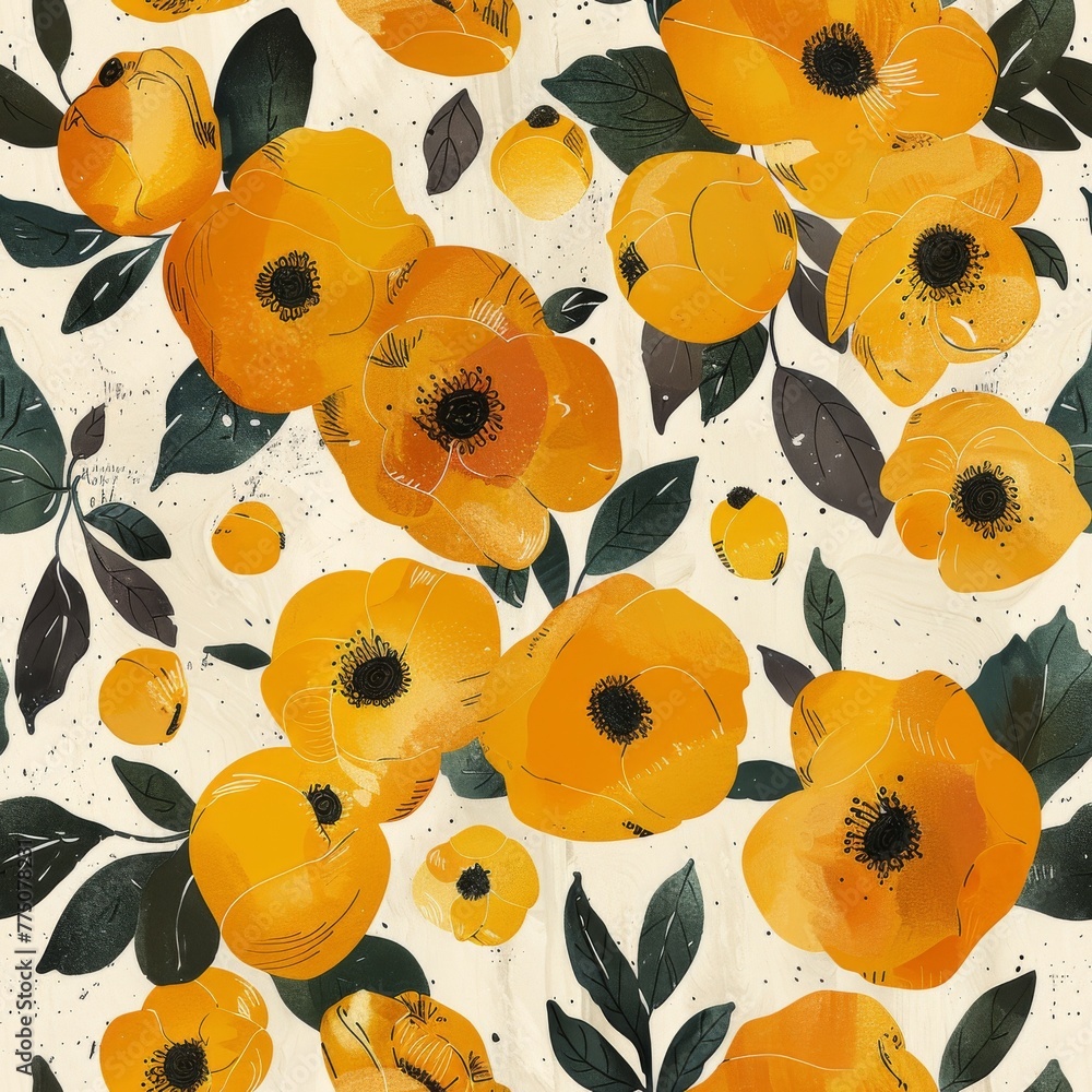 Poster retro pattern with the image of yellow poppies and leaves on a white background with texture. concep