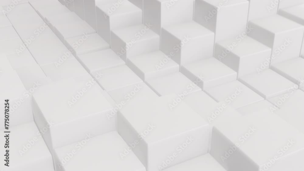 Poster Abstract random motion wave mosaic of square blocks. Futuristic structure,geometric background. 4k loopable composition with white surface. Technology composition backdrop. Radial ripple. 3d animation