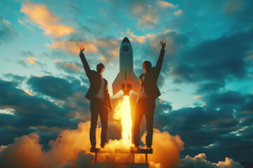 Silhouettes of two people with arms raised in victory as a rocket launches at sunset - obrazy, fototapety, plakaty