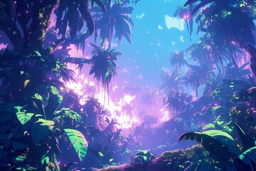 Fototapeta na wymiar A dense jungle at night, with glowing plants and foliage creating an otherworldly atmosphere with neon pink light effects.