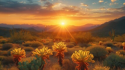 A beautiful sunset in the desert with cacti. Generative AI. - obrazy, fototapety, plakaty