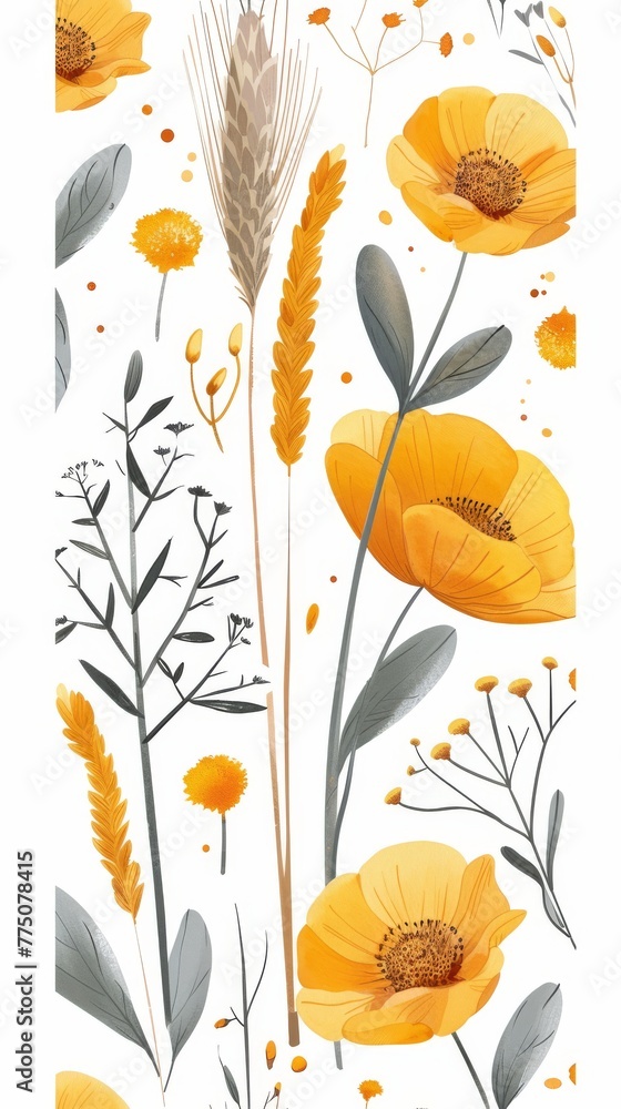 Poster retro pattern with the image of yellow poppies and leaves on a white background with texture. concep