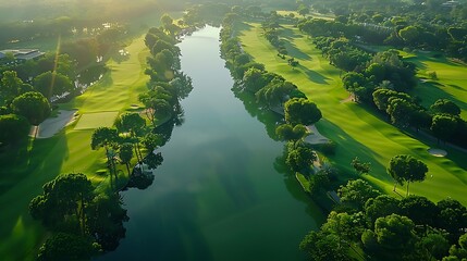 An aerial view of a sprawling golf course with lush green fairways