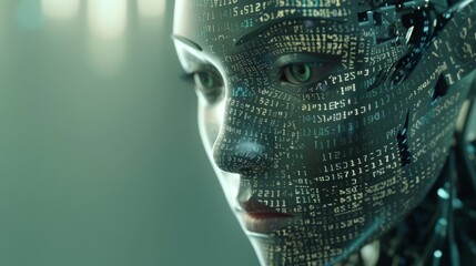 Stylized AI robot head and face  with a binary code matrix forming its facial features, set against a straightforward, subdued background - obrazy, fototapety, plakaty