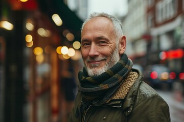 Portrait of a smiling senior man in scarf and coat on the street.