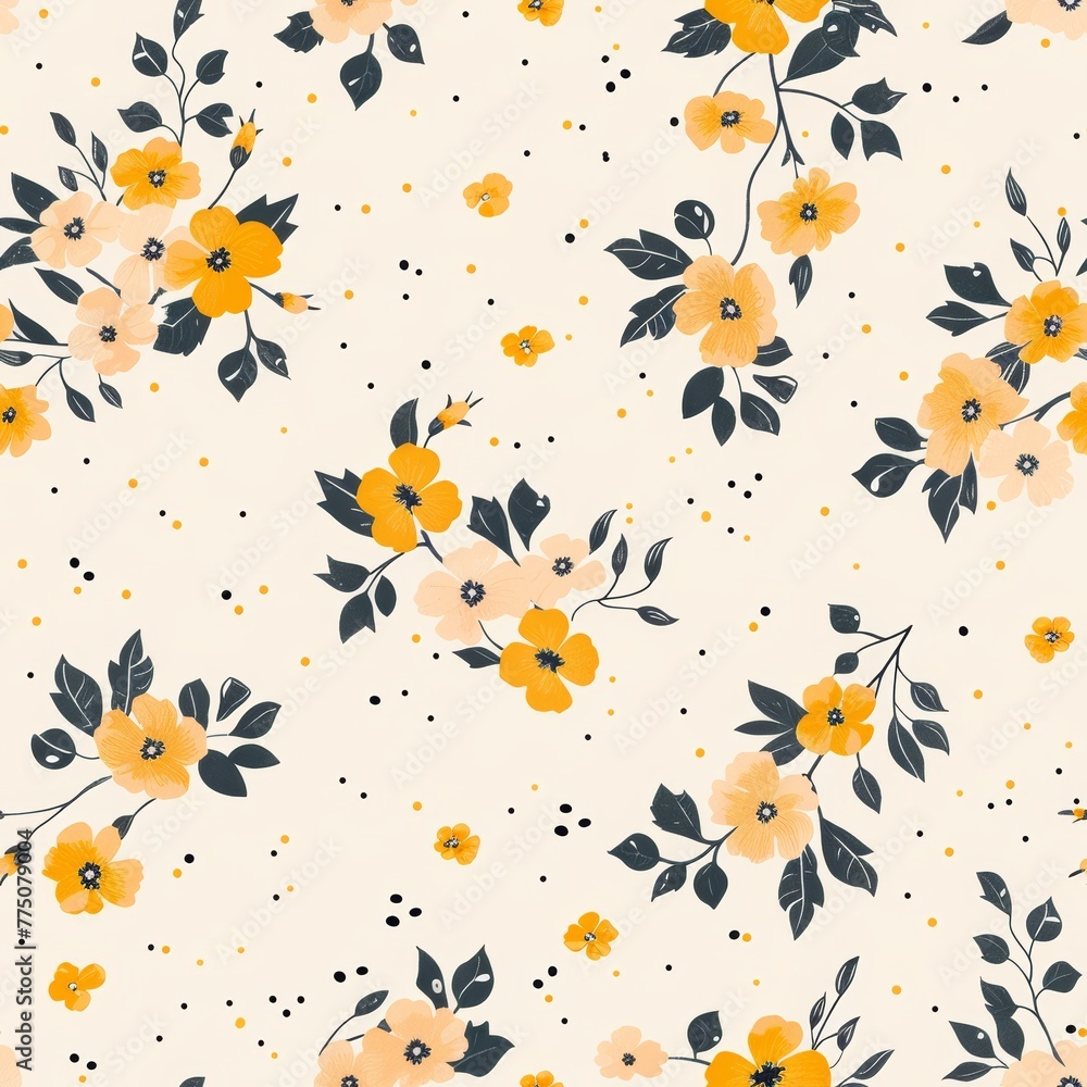 Poster retro pattern with the image of yellow poppies and leaves on a white background with texture. concep