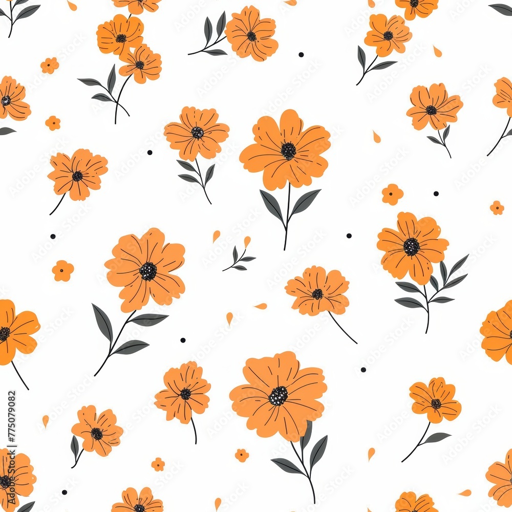 Poster retro pattern with the image of yellow poppies and leaves on a white background with texture. concep