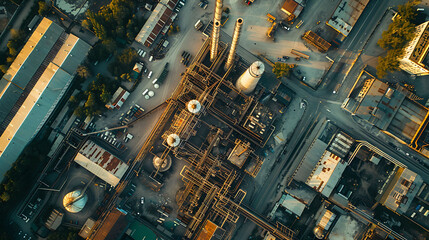 An aerial view of a sprawling industrial complex with warehouses and factories - obrazy, fototapety, plakaty