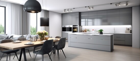 modern Kitchen White Marble worktop and Grey Gloss Units and tiled flooring - obrazy, fototapety, plakaty