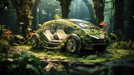 Fotobehang "Eco-conscious lifestyle: Electric vehicles in serene, nature-rich settings, symbolizing harmony between technology and the environment © Tatiana