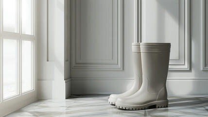 Pair of rubber boots in a bright room - obrazy, fototapety, plakaty