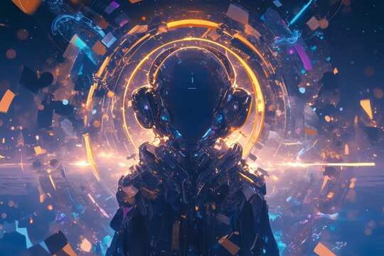 A futuristic digital art piece featuring an AI humanoid with headphones, surrounded by vibrant colors and abstract shapes that represent technology and music elements. 