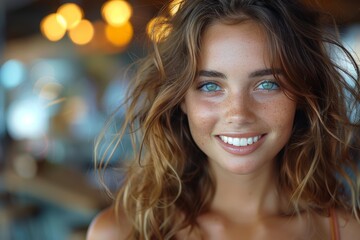 Obraz premium Glowing Happiness: Captivating Woman Beams with Radiance