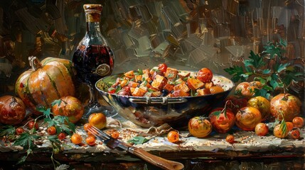 A savory dish in a rustic setting, captured with vibrant oils on canvas.