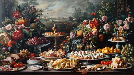 A tantalizing spread of food showcased amidst an artful display of oil paints. - obrazy, fototapety, plakaty