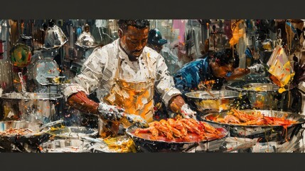 A vibrant portrayal of culinary craftsmanship, captured through bold oil paints.