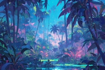 A jungle scene with neon pink and teal lighting, foliage, palm trees and jungle plants against a dark background