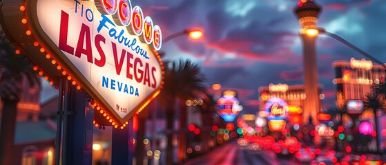 Capturing the Vibrant Nightlife and Allure of Las Vegas: The Welcome to Fabulous Las Vegas Sign at Sunset. Concept City Lights, Iconic Landmarks, Sunset Silhouettes, Neon Glow - obrazy, fototapety, plakaty