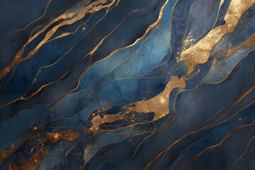 dark blue and gold abstract marble wallpaper with golden veins - obrazy, fototapety, plakaty