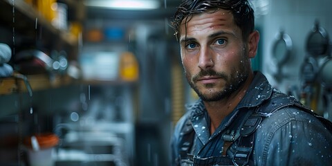 Skilled plumber using professional tools to unclog a sink as part of household maintenance service. Concept Plumbing Services, Clogged Sink, Professional Tools, Household Maintenance, Skilled Plumber