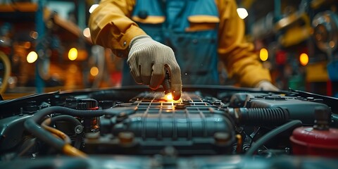Mechanic pointing at car engine diagnosing issue for repair service. Concept Car Maintenance, Mechanic Work, Vehicle Diagnostics, Repair Service, Automotive Technology - obrazy, fototapety, plakaty