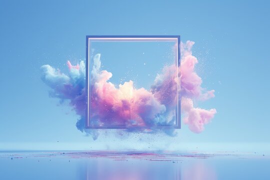  white photo frame with a colorful powder explosion inside, isolated on a light blue background