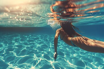 Underwater Photo of Girl Discovering Serenity and Relaxation. Mental Wellness Concept - obrazy, fototapety, plakaty