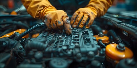 Mechanic identifying car engine issue for repair service. Concept Car Diagnosis, Engine Troubleshooting, Mechanic Consultation, Repair Suggestions, Maintenance Recommendations - obrazy, fototapety, plakaty