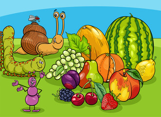 cartoon insects characters and snail with fresh fruit